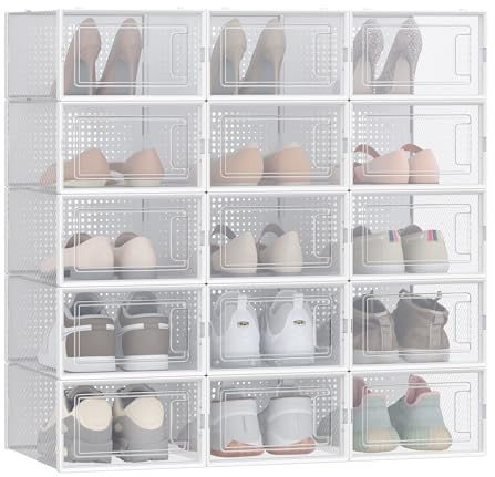 SONGMICS Shoe Boxes, Pack of 15 Stackable Shoe Storage Organisers, Foldable and Versatile for Sneakers, Fit up to UK Size 9, Transparent and White LSP015W02