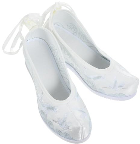 Veemoon Chinese Style Embroidered Footwear Vintage Inner Heel Slope Heel Hanfu Shoes for Women White Size 37 Traditional Ethnic Fabric Shoes for Daily Wear