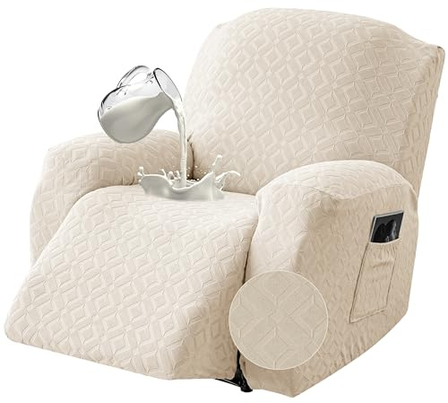 Gennia Waterproof Recliner Chair Cover,Stretch Reclining Sofa Covers with Pockets,Washable Lazy Boy Recliner Slipcovers,Leakproof Couch Protector for Kids, Pets, Dog and Cat (1 Seat, Beige)