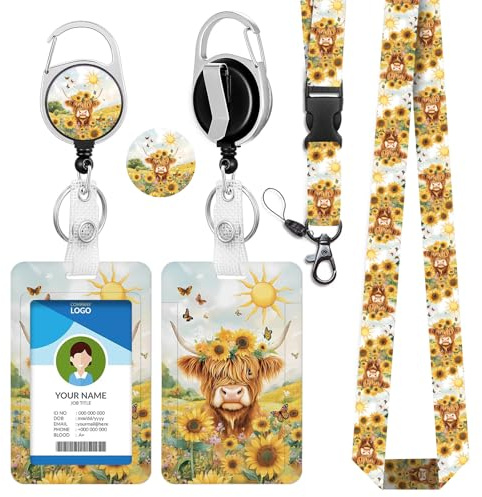 bolimoss Highland Cow Sunflower Lanyards for Neck with Card Holder, Cute Floral ID Badge Holder with Breakaway Lanyard & Badge Reels, ID Card Holder with Retractable Keychain, Carabiner Clip