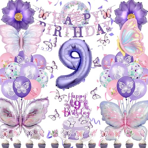 9 Jahre Schmetterling Geburtstag Deko, Geburtstagsdeko Mädchen 9 Jahre Set | Schmetterling Folienballon 9 Jahre, Luftballon 9. Geburtstag Mädchen, Schmetterling Party Deko, Zahlenballon, Happy Birthday