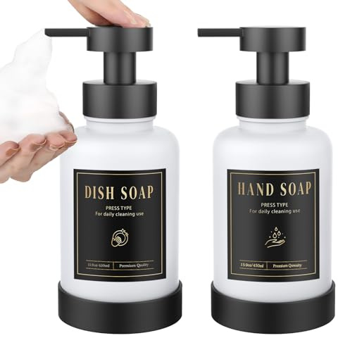 Luxspire Dispenser di Sapone Bagno, Dispenser di Sapone a Pompa in Vetro, Dosatori per Saponetta Schiumoso con 5 Etichette, Distributore Liquido 450ml/15oz per Bagno Cucina, Bianco, 2 PZ