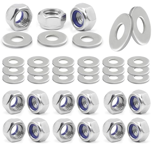 Uqingo 50PCS M4 Nuts Nylock Nuts and 50PCS Washers, M4 4mm 304 Stainless Steel Hex Self Locking Nut, Nylon insert Thread Lock Nut Kits Hexagon for Bolts & Screws (Silver)