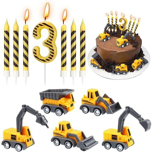 Construction Tortendeko Geburtstag, Geburtstagskerze Zahlen 3, Gelb und Schwarz Gestreifte Kerzen, Baustellen Deko Kuchen für 3nd Jahre Junge und Mädchen Geburtstag