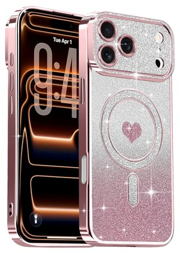 Lafunda für iPhone 17 Pro Max Hülle Plating Magnetisch Handyhülle Rosa | Kompatibel mit MagSafe Mädchen Frauen Glitzer Pailletten Kameraschutz Durchsichtig Stoßfest Muster Herz-Motiv Schutzhülle
