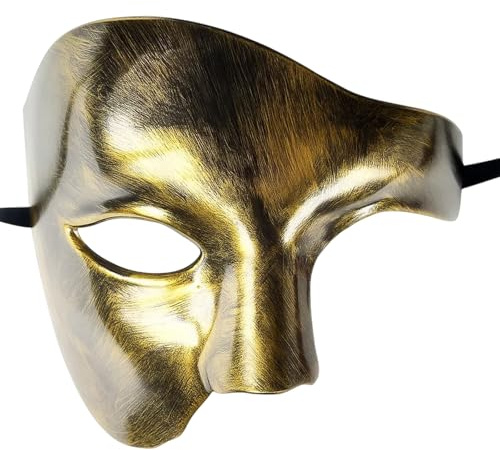 GYTFOG Masquerade Mask for Men, Half Face Venetian Style Mask, Pretty Party Prom Masks, Perfect for Halloween Parties, Costume Balls and Themed Events, Antique Gold Finish