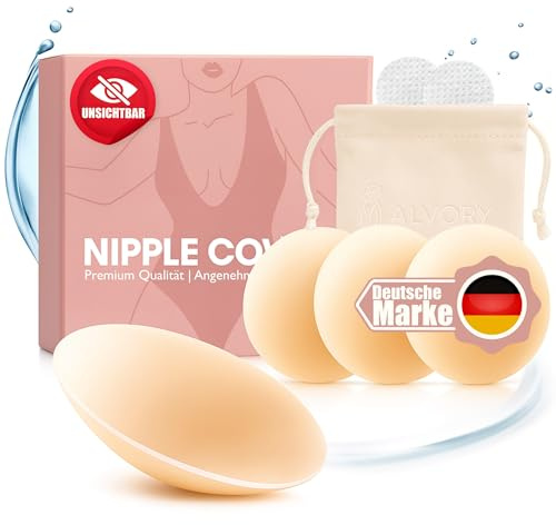 Alvory Premium Nippelpads, 4 Stück Selbstklebende Nipple Covers aus hochwertigem Silikon (Ø 8 cm) Wiederverwendbare & waschbare Brustwarzenabdeckung für Damen inkl. Tasche (Nude, S/M)