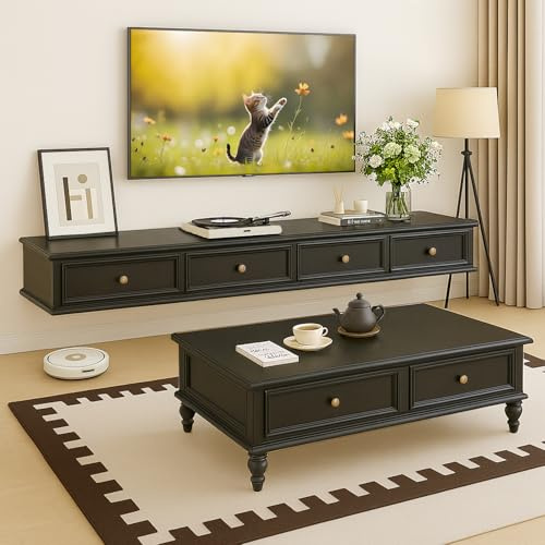Ribanedy Massivholz Schwebendes TV-Regal | Wandmontierte Unterhaltungsmedien-Konsole | Großes Aufbewahrungs-TV-Bank für Wohnzimmer & Büro (Schwarz, 200cm)