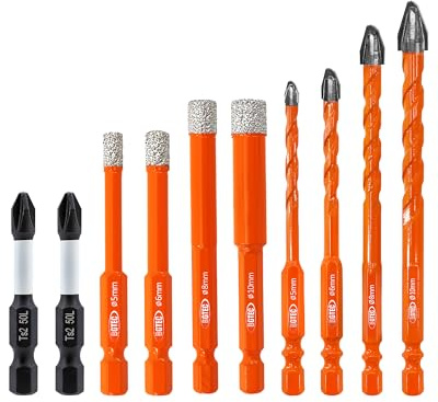 BGTEC Fliesenbohrer Set - 10 Stück Ø 5-10 mm Glasbohrer Steinbohrer Bohrer Set mit Schlagschrauber-Bits für Holz, Kunststoff, Ziegel, Fliesen, Glas, Beton, Marmor