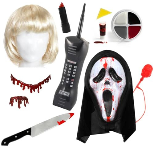 Set costume per coppie urlanti e vittime - Maschera sanguinante, parrucca bionda, coltello, sangue finto, telefono e trucco - Kit per travestimento horror di Halloween