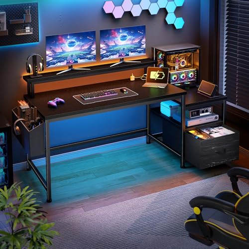 Cliporix Gaming Desk with Drawers and Power Outlet, Black,140x50cm | computer desk, home office desk,study table,reversible,2 power sockets and 1 USB +1 type-c ,monitor stand,small space,student