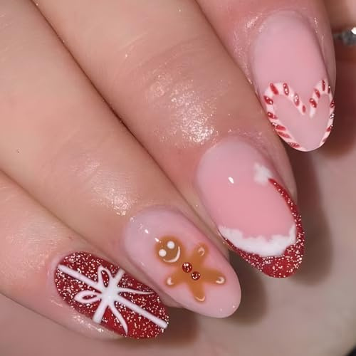 Falsche Nägel für Weihnachts-Künstliche Nägel zum Aufkleben - Hut- & Geschenkdesigns, kurze, glitzernde -Mandel-Nägel in Rot mit Kleber - Frauen und Mädchen,Nagelkunst für DIY-Maniküre zu Hause