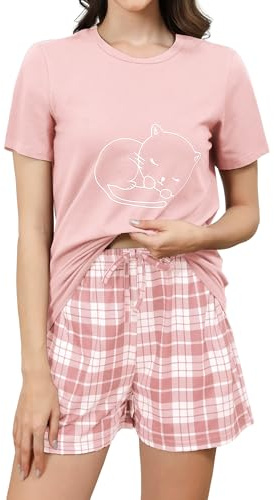 TeJoyce Pyjama Femme Coton Été, Ensemble de Pyjama Court à Col en Rond 2 Pièces Vêtements de Nuit Short Détente Pyjashort Carreaux avec Poches, Vêtements De Détente Doux S-XXL