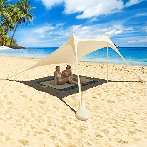 Beach StrandZelt mit Picknickdecke und Sandsack Anchor | Strandmuschel Sonnenschutz Zelt für Strand mit UV-Schutz UPF 50+ (Beige)