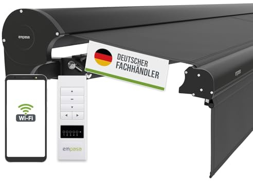 empasa elektrische Kassettenmarkise Expert Plus Markise mit WiFi-Motor | Smart Home kompatibel, Terrassenüberdachung mit Volant, komplett vormontiert, Farbe:anthrazit, Größe:2.5 x 2 m