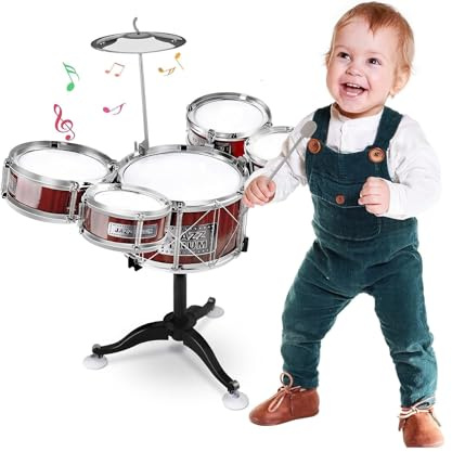 Batería para niños Batería Jazz Drum Set Batería Juguete para Niños Mini Drum Set Instrumentos Musicales con 5 Tambores 1 Plato 2 Palillos Instrumento Musical de Percusión Educativo (A)