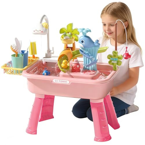 Toddler Water Table, Kids Electric Fishing Pond Water Table, Pretend Play Water Toy with Rotating Faucet, Detachable Legs, for Toddlers 1-3 Years Old, Indoor Outdoor Portable Water Play Table (Red)