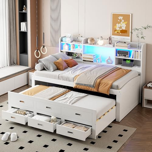 Xwiny Schlafsofa 140 x 200cm mit Ausziehbett, Einzelbett mit LED-Leuchten und USB+Type-c, Tagesbett mit 3 Schubladen und Nachttischablage, Mehrzweckbett, Weiß,(Ohne Matratze)