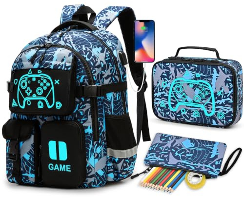 Beaulyn Gamer Boys Backpack Set Includes a Lunch Bag & Pencil Case -17 H Boys School Bag with Glow in the Dark, 7 Pockets, USB Port & Padded Straps, Fits 15.6 Laptop, Ideal Kids Rucksacks Ages 6-14