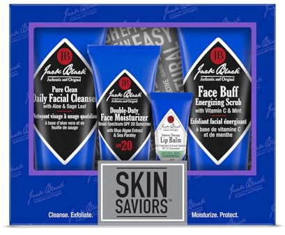Jack Black Skin Saviors Set for Men – Face Scrub, Facial Cleanser, Face Moisturizer, Lip Balm, Mens Skin Care Kit, Men's Skincare Gift Set