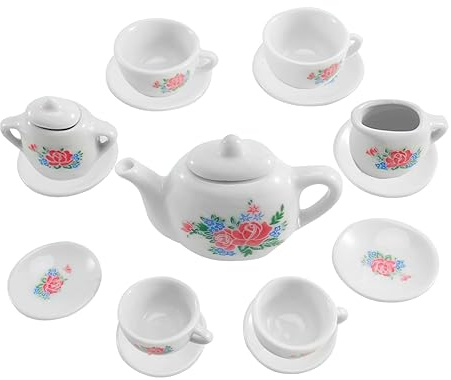 koolbitz 23 Pieces Kids Ceramic Play Tea Set, Role Play Tea Pot Saucers Cups, Pretend Play Kids Toy Kitchen Tea Party Playset, Washable Dishes, Safe Material, for Your Toddlers and Little Girls