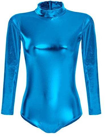 FYMNSI Damen Glänzende Ballettanzug Ballettbody Sport Tanz Body Gymnastikanzug Trikot Langarm Bodysuit Metallic Wetlook Einteiler Turnanzug Leotards Overall Lack Leder Oberteile Top Kostüm Blau M
