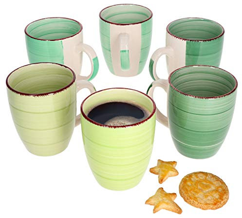 MamboCat Green - Lot de 6 tasses à café - En faïence verte - Avec motif tourbillons - Style maison de campagne - Lot de 6 grandes tasses à café - 300 ml