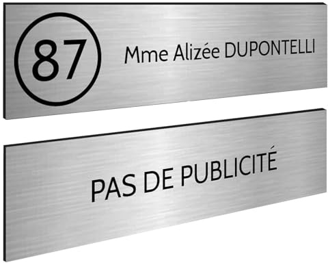 DECOHO - Plaque Boite aux Lettres Personnalisable - Lot de 2 plaques adhésives en Plastique Argent brossé - Format 100x25 mm, Gravure Las - Argent