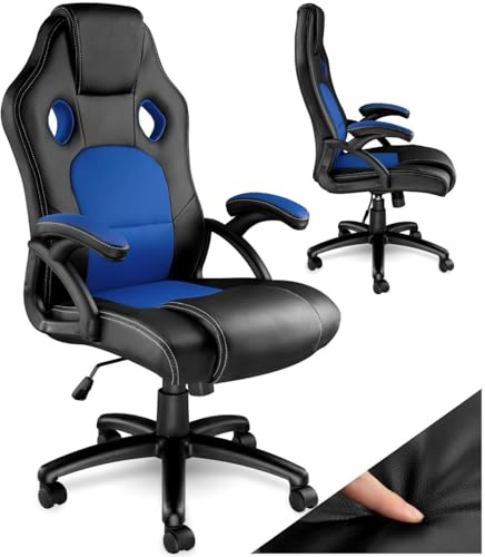 tectake® Silla Gamer Ergonómica, Ajuste de Altura, Silla de Escritorio de Oficina, Silla de Estudio con Acolchado Cómodo, Sillas con Reposabrazos y Ruedas, Sillas Gaming para Ordenador - Negro/Azul