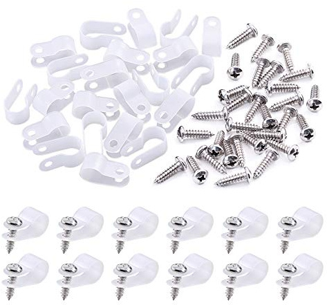 Swpeet 120 Stück weiße 3/8 Zoll Nylon Kunststoff R-Type Kabelklemmen Klemmen-Kit Nylon Schraube Befestigung Schnur Befestigungsclips mit 120 Stück Schrauben für Drahtmanagement (3/8 Zoll, Weiß)