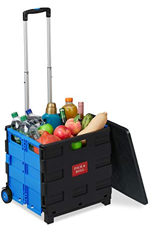 Relaxdays Carro de la Compra Plegable, para hasta 35 kg, Caja de 50 litros, Asa Telescópica, Carrito de Transporte, 2 Ruedas, Azul y Negro