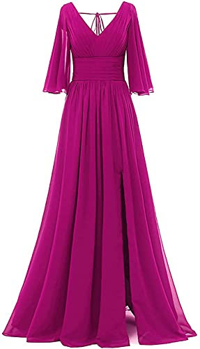 KURFACE Vestido largo de dama de honor con cuello en V, manga corta, para boda, noche, graduación, fiesta, para mujeres y jóvenes, fucsia, 38