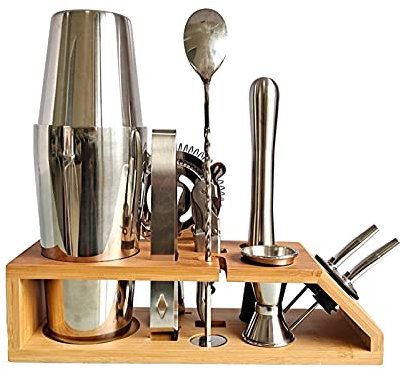 Cocktail Shaker Set Ensemble à Cocktail Shaker Cocktail Shaker 10 pièces Ensembles en acier inoxydable Cadre de bambou Boston Shaker Kit de barman for Martini Margarita Mix Professional Bar Outils Sha