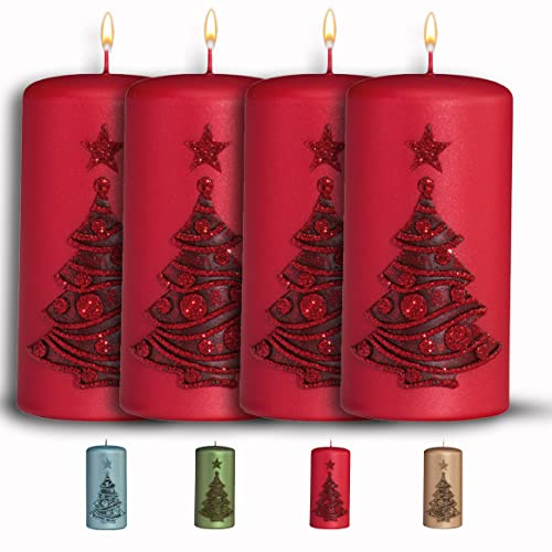 WikaKerzen bezaubernde Weihnachtskerze für Adventskranz - 4 Set 12x6cm - Weihnachtsbaum - Glitzer Stumpenkerze aus hochwertigem Paraffinwachs mit Baumwolldocht - Adventskerze RAL zertifiziert (Rot)