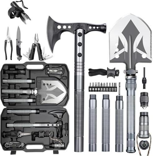 ZENHOSIT Multifunctional Folding Tactical Shovel Hatchet Combo - With Axe, Flashlight, Extension Handles - For Camping, Cycling, Hiking - 19.3-40.9 Inches