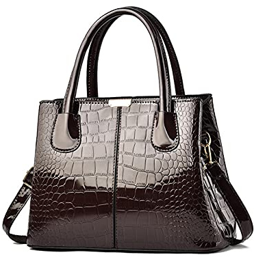 NICOLE & DORIS Handtaschen Damen Mode Krokoprägung Henkeltasche Lackleder Handtasche Shopper Umhängetaschen Damentasche mit Reißverschluss Braun