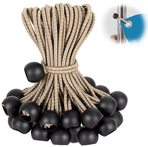 Kinzomor Tarp Bungee Cords 6 Inch, 50 PCS Heavy Duty Canopy Tarp Tie Down Balls for Camping, Shelter, Cargo, Projector Screen, Tent Poles with UV Resistant (Brown)