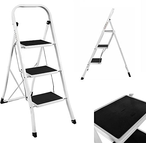 Trittleiter, 3 Stufen, Klappbare Haushaltsleiter, Alu Leiter, bis 150 kg, Sicherheitsleiter mit Antirutsch-Matte, Mehrzweckleiter, Küchentrittstufe