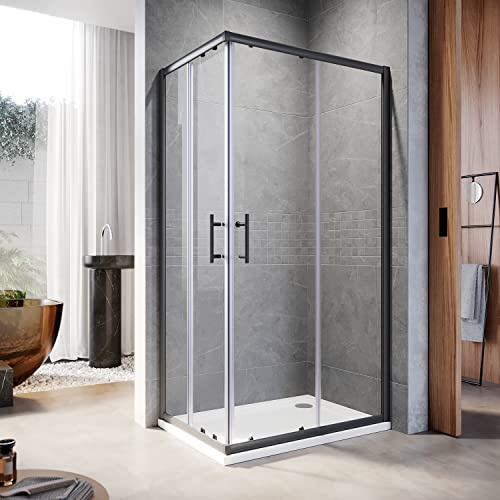 ELEGANT 1000 x 700 mm Black Sliding Corner Entry Shower Enclosure 6mm Extra Toughened Safety Glass Sliding Cubicle Door with Tray