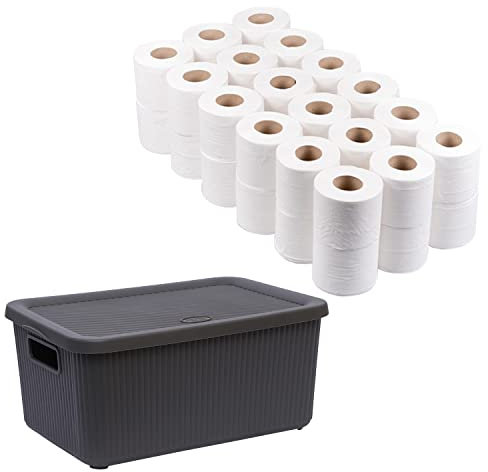 Set of 2 - Grey Plastic Storage Box Lid 14L Basket Lidded Bin Box with 36 Rolls x 22M White Toilet Roll Tissue Paper Soft 2-Ply Loo Roll Home Office Bathroom