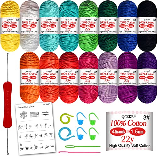 Crochet Yarn kit, 15 Cotton Yarn Skeins for Crochet and Knitting with Crochet Hook Set – Ideal Beginner Kit