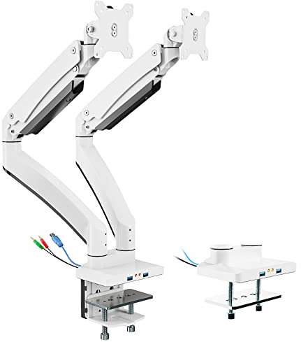 PUTORSEN Monitor Halterung 2 Monitore für 17-35 Bildschirme, Schwere Ausführung Premium Aluminium Gasdruckfeder Monitorhalterung, 15 kg/Arm, mit 2 x 3.0 USB Port, VESA 75&100 mm, weiß