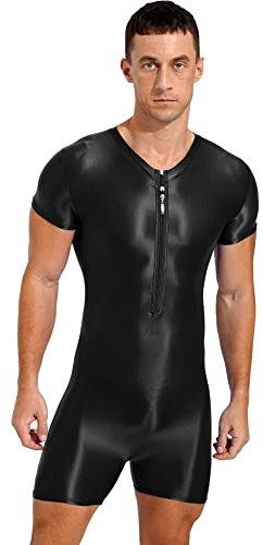 iEFiEL Herren Öl Body Glossy Ganzanzug Kurz Bodysuit Bodycon Sportbody mit Reißverschluss Eng Stretch Gymnastikbody Unterwäsche Schwarz XL