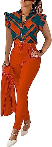 Conjunto de Pantalones de Traje de Negocios de Las Mujeres Versión Delgada del Elegante Traje de Tres Piezas de Verano Impreso Volante Manga Camisa Pantalones cinturón (Estilo 4,XL)