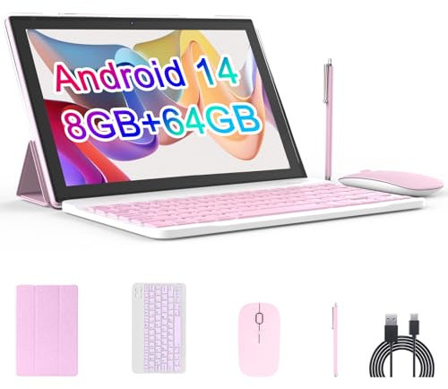 10.1 inch Android 12 tablet, 2 in 1 tablets, 4GB RAM+64GB ROM Quad-Core Processor, 1280 x 800 FHD Tablet with Keyboard/Mouse/Case/Stylus/Tempered Film, 8MP Dual Camera 6000