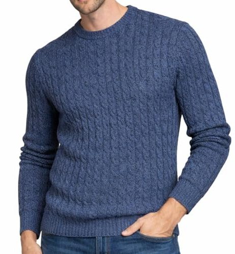 Xact Mens Cable Knit Jumper – Cotton Rich Crew Neck Aran Knitwear Pullover, Textured Midweight Winter Sweater (Light Denim) M