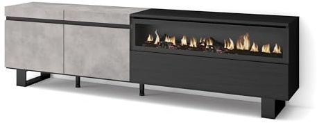Skraut Home | TV-Schrank, Lowboard | für Wohnzimmer und Esszimmer | 200x57x35cm | Für TV-Geräte bis zu 80 | Elektrokamin. Maße | Industriedesign | Moderner Stil | Zement