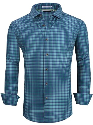 Alex Vando Mens Button Down Shirts Wrinkle Free 4-Way Stretch Print Business Casual Shirt,Navygreen,XL