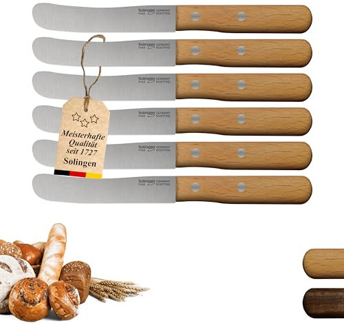 Solingen - Juego de 6 cuchillos de madera de haya, remaches huecos estables, cuchillo de desayuno, cuchillo para panecillos, directamente del fabricante y de fabricación propia, gatillo de pulido