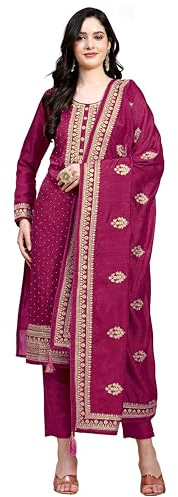 TRENDMALLS Women's Vichitra Silk Embroidery Salwar Suit Set Kurta Pant with Dupatta (G142-Pink-3XL)